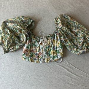 For Love and Lemons Green Floral Corset Lace up Puffy Sleeve blouse